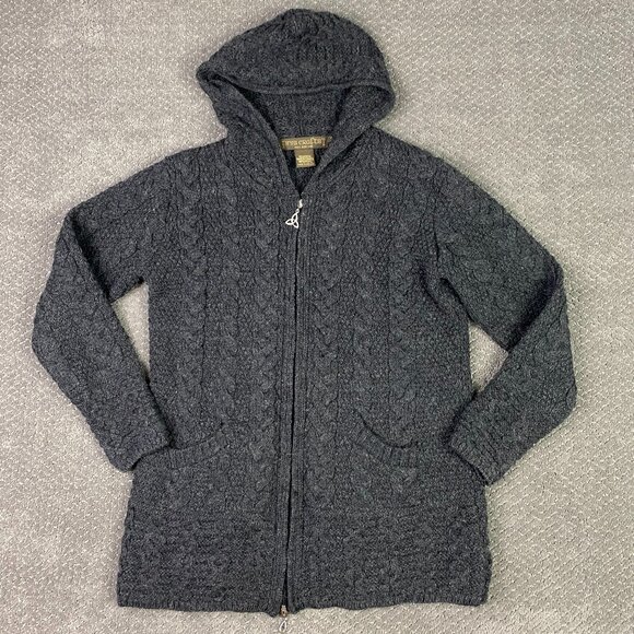 Inis Crafts Merino Wool Sweater Women's Medium Ireland Full Zip Hooded Cardigan - Picture 1 of 8
